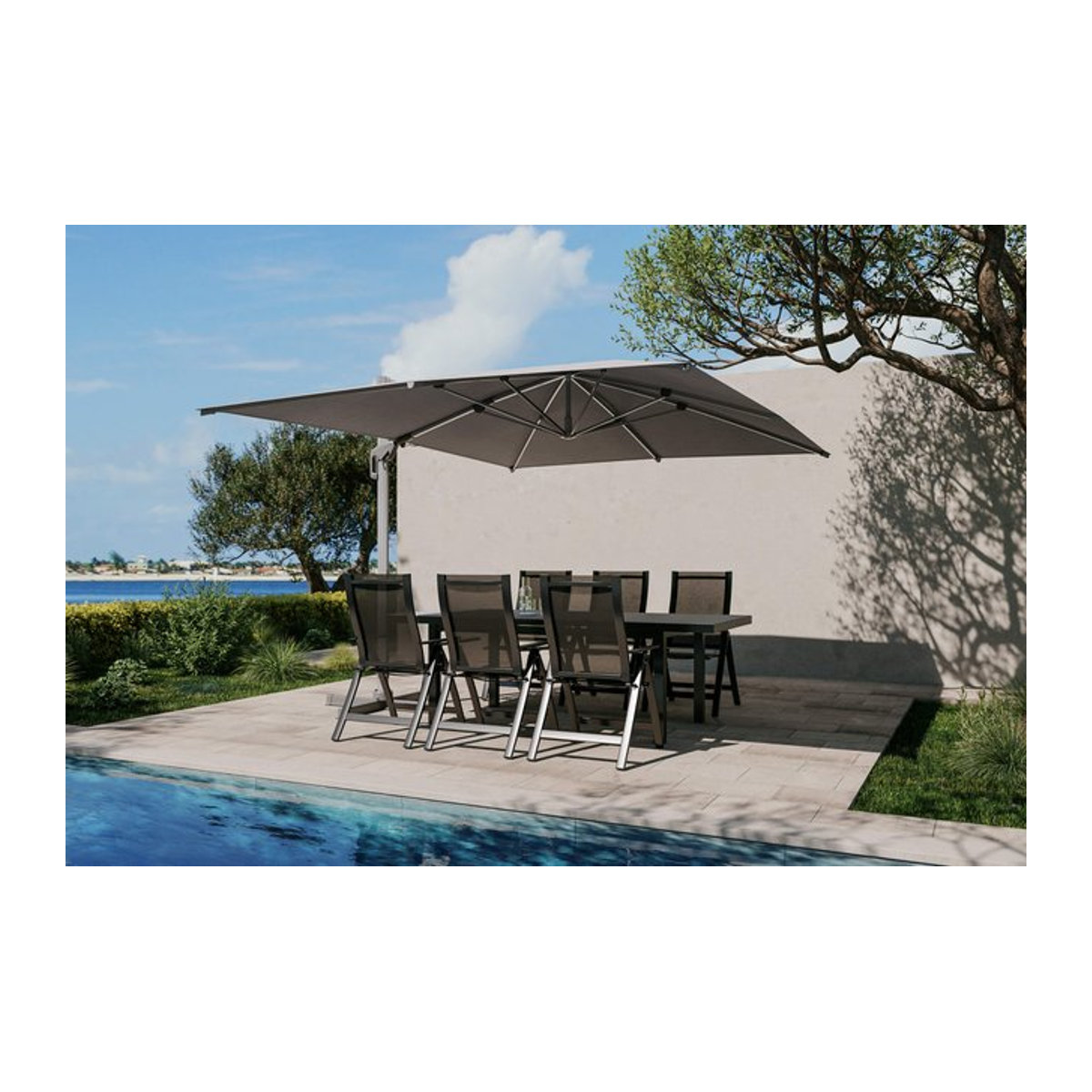 OUTFLEXX Almeria Gartenmöbel-Set Essgruppe mit Ampelschirm, anthrazit matt/grau, ausziehbar und klappbar, aus Alu, Edelstahl und Glas - Bild 1