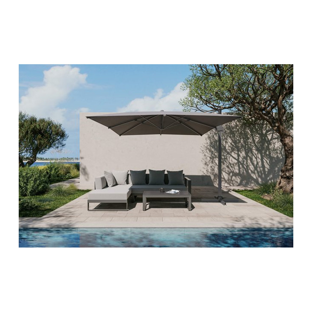 OUTFLEXX Almeria Gartenmöbel-Set Lounge mit Ampelschirm, anthrazit/grau, Aluminium und Glas, B/T/H: 400 x 300 cm - Bild 1