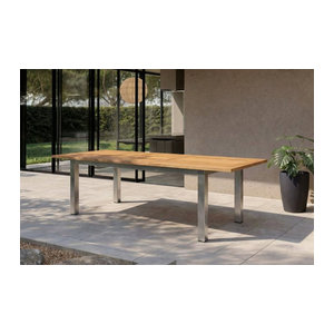OUTFLEXX Ausziehtisch aus Edelstahl und recyceltem Teak in Braun, Rechteckig, B: 200 bis 260 cm, T: 100 cm, Industrial Modern Design