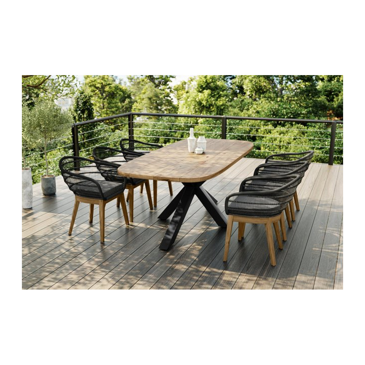 OUTFLEXX Belgium Garten-Essgruppe aus Aluminium und recyceltem Teak in Natur und Dunkelgrau mit Tisch und 6 Stühlen inklusive Kissen, Tisch Breite: 220 cm, Tiefe: 100 cm - Bild 1