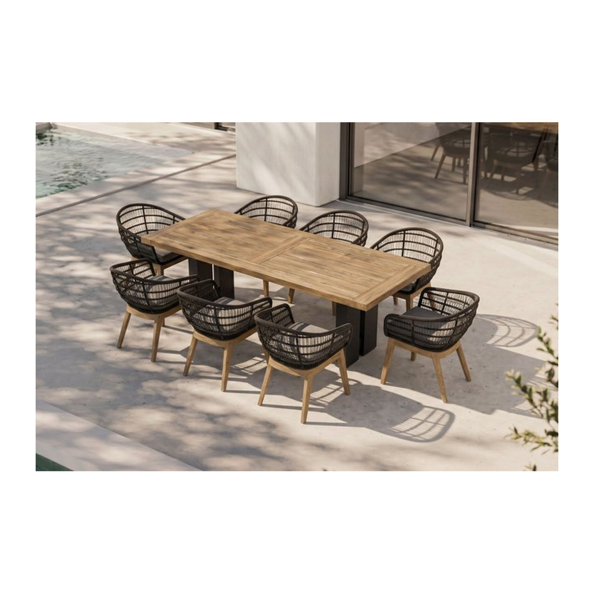 OUTFLEXX Bob Garten-Essgruppe in Anthrazit und Natur mit 8 Sesseln aus Aluminium, recyceltem Teak und Rope, Tisch B: 220 cm, T: 100 cm, H: 76 cm - Bild 1