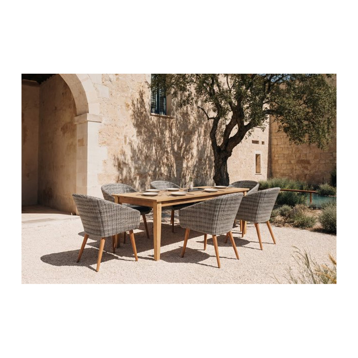 OUTFLEXX Borneo/Kota Garten-Essgruppe aus Akazie, Alu und Polyrattan in Natur und Grau-meliert mit 6 Cocktailsesseln, Tisch B/T: 220 x 100 cm - Bild 1