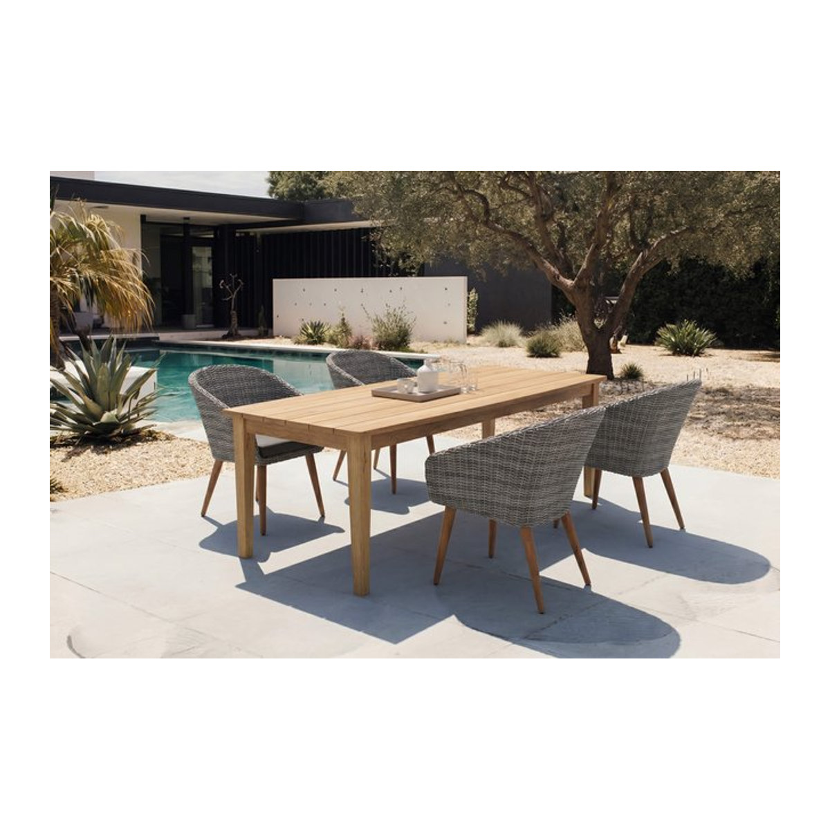 OUTFLEXX Borneo/Kota Garten-Essgruppe aus Akazie, Aluminium und Polyrattan in Natur/Grau-meliert mit 4 Cocktailsesseln, B/T: 220 x 100 cm - Bild 1