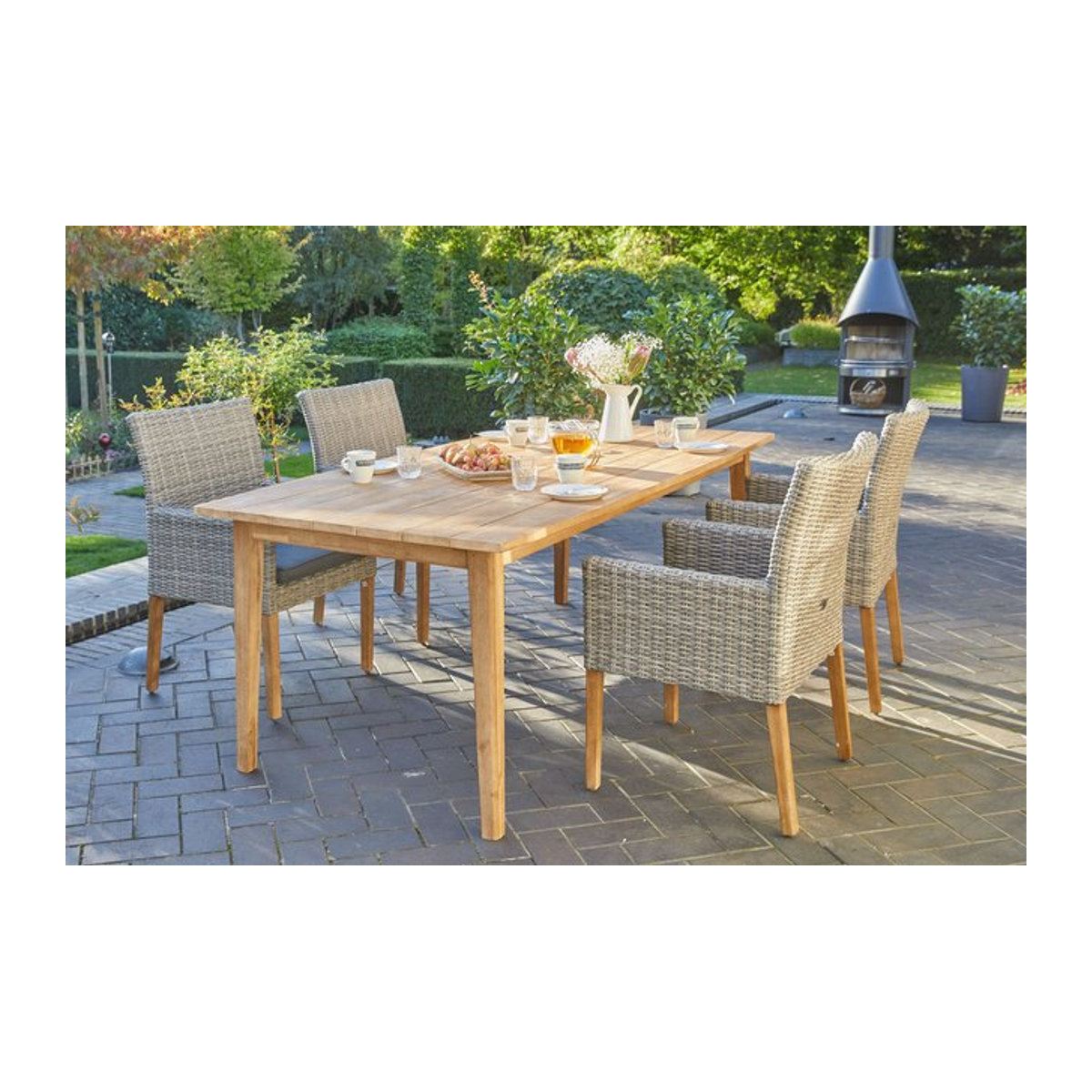 OUTFLEXX Borneo/Kota Garten-Essgruppe aus Akazie, Aluminium und Polyrattan in Natur/Grau-meliert mit 4 Landhaussesseln, B/T: 220 x 100 cm - Bild 1