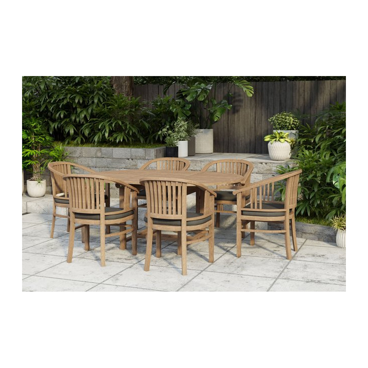 OUTFLEXX Dallas/Batavia Garten-Essgruppe aus Teakholz in Natur/Braun mit 6 Armlehnensesseln und Auflagen, B/T/H: 120 x 120 x 170 cm - Bild 1