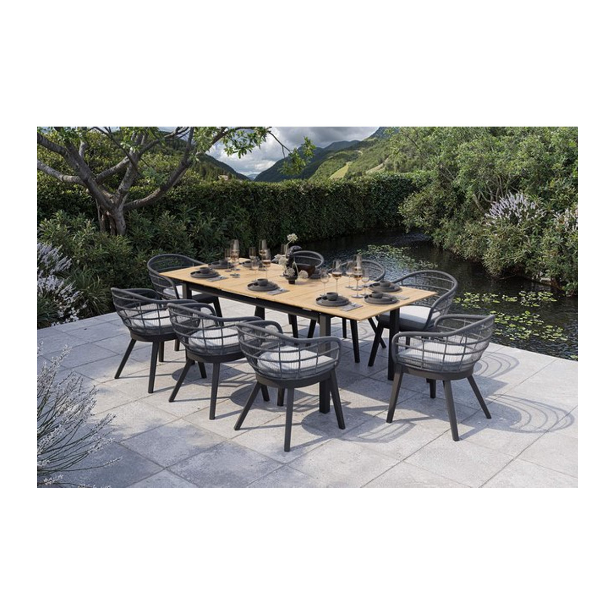 OUTFLEXX Doha Garten-Essgruppe aus Aluminium, Teak und Rope in Anthrazit Matt und Natur mit Ausziehtisch und 8 Dining Sesseln, Tisch B: 180/240 cm, T: 100 cm - Bild 1