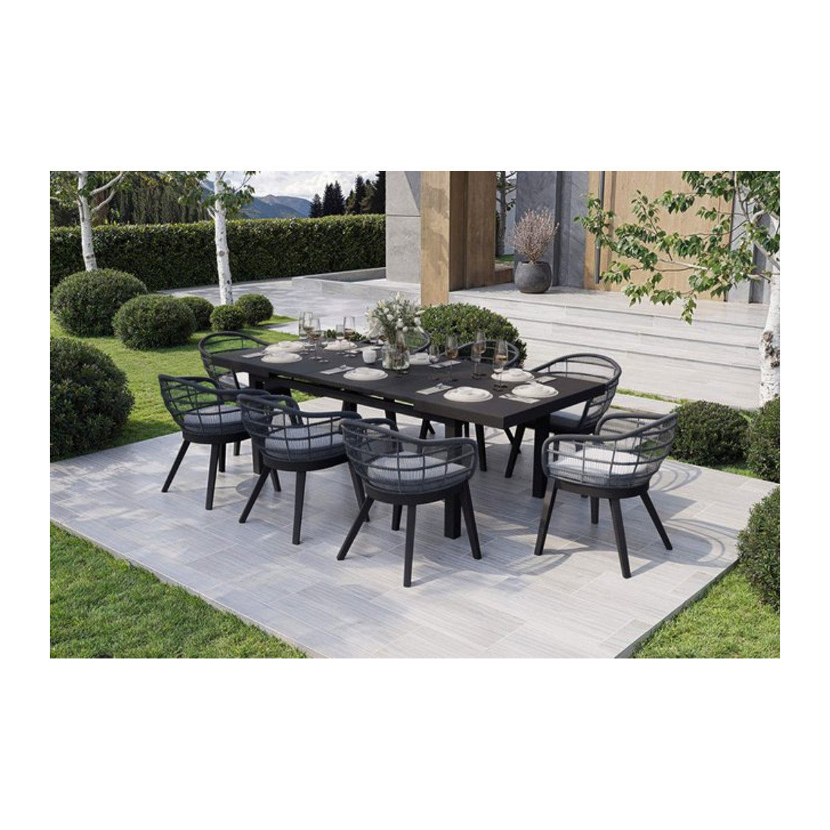 OUTFLEXX Doha Garten-Essgruppe aus Aluminium und Rope-Geflecht in Anthrazit und Grau mit Ausziehtisch und 8 Sesseln, B/T/H: 240 x 100 cm (ausziehbar von 180 cm) - Bild 1