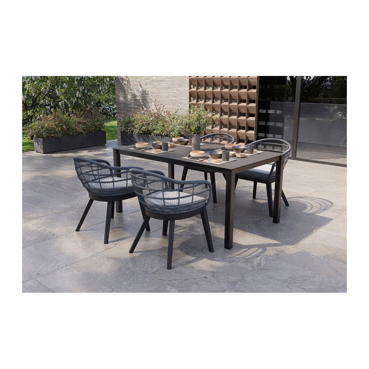 OUTFLEXX Doha Garten-Essgruppe aus Aluminium und Rope-Geflecht mit Glasplatte in Anthrazit und Grau, inkl. 4 Sesseln, B: 160 cm, T: 95 cm - Bild 1