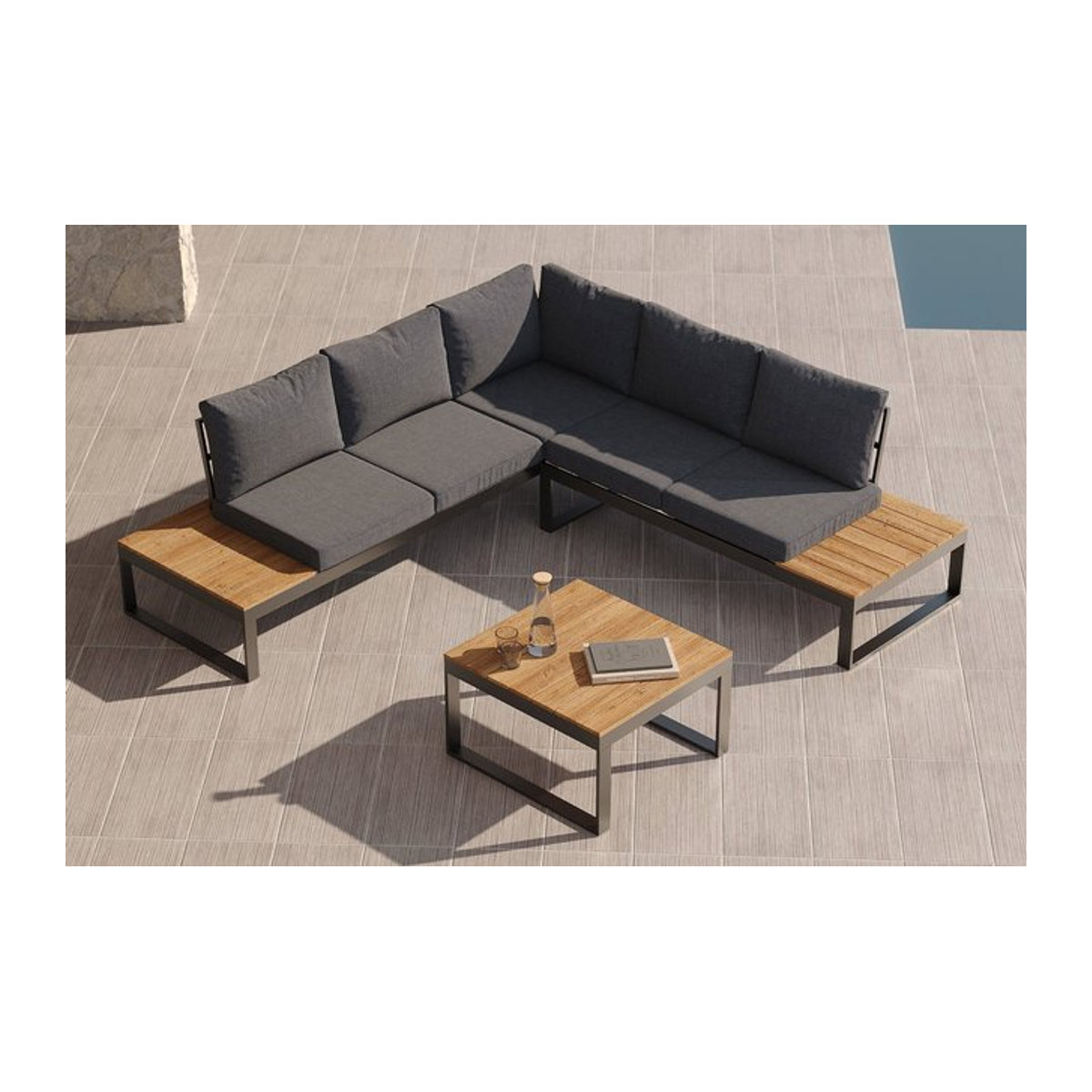 OUTFLEXX Ecklounge für 5 Personen in Anthrazit Matt mit Seitenablage aus Metall und Holzimitat - Bild 1