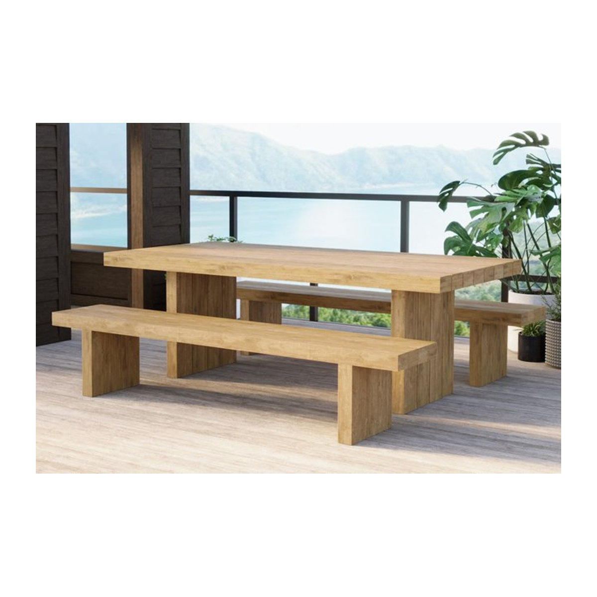 OUTFLEXX Encino Garten-Essgruppe aus recyceltem Teakholz in Braun, Set bestehend aus Tisch und 2 Bänken, B/T/H Tisch: 220 x 100 cm, B/T/H Bänke: 220 x 40 cm - Bild 1