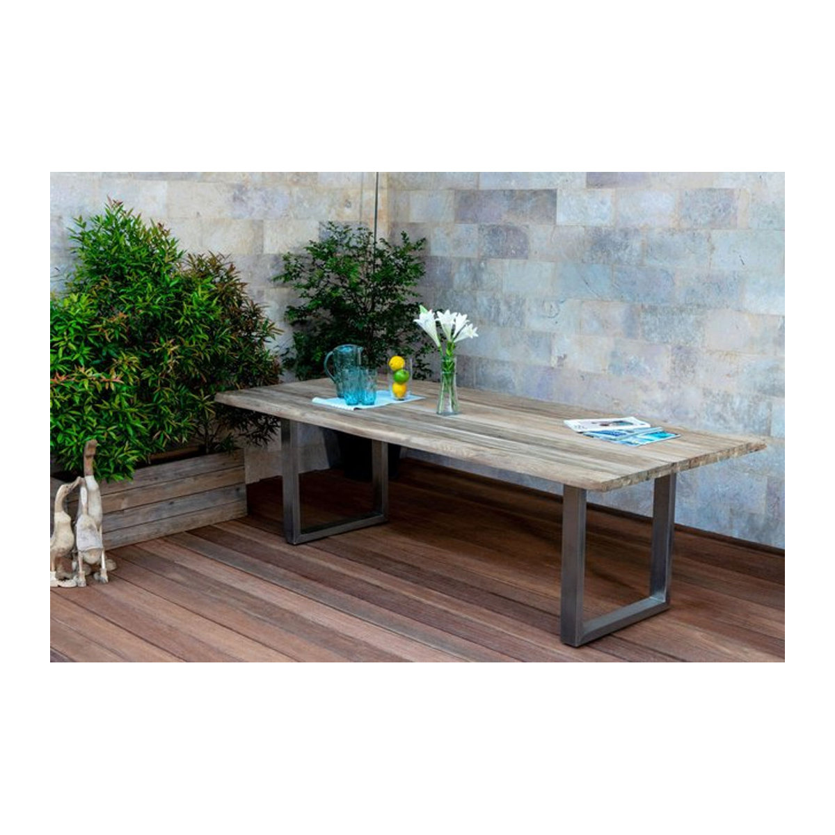 OUTFLEXX Esstisch Baumtisch aus recyceltem Teak und Edelstahl in Natur und Silber, B/T: 240 x 100 cm - Bild 1