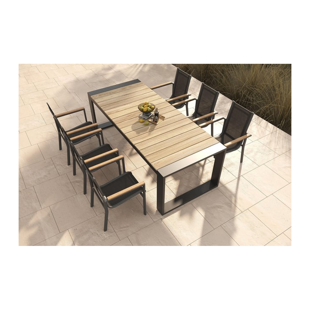 OUTFLEXX Evora Garten-Essgruppe aus Aluminium, Teak und Textilene in Anthrazit und Natur, B/T/H: 240 x 100 cm - Bild 1