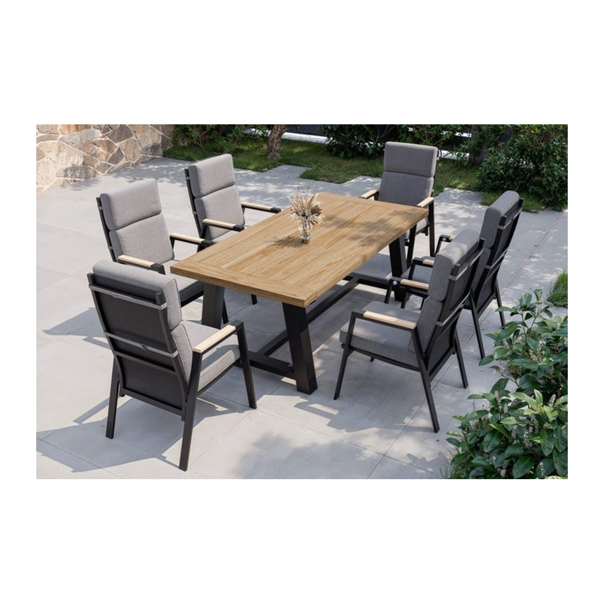 OUTFLEXX Evora Garten-Essgruppe in Anthrazit und Natur aus Aluminium, Teak und Polyester, B: 200 cm, T: 100 cm - Bild 1