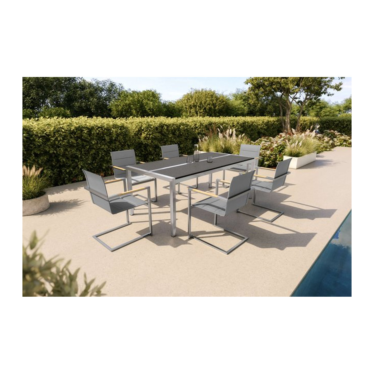 OUTFLEXX Garten-Essgruppe 7-teilig aus Edelstahl, Keramik und Teakholz in Taupe meliert und Anthrazit, Breite: 200 cm, Tiefe: 100 cm - Bild 1