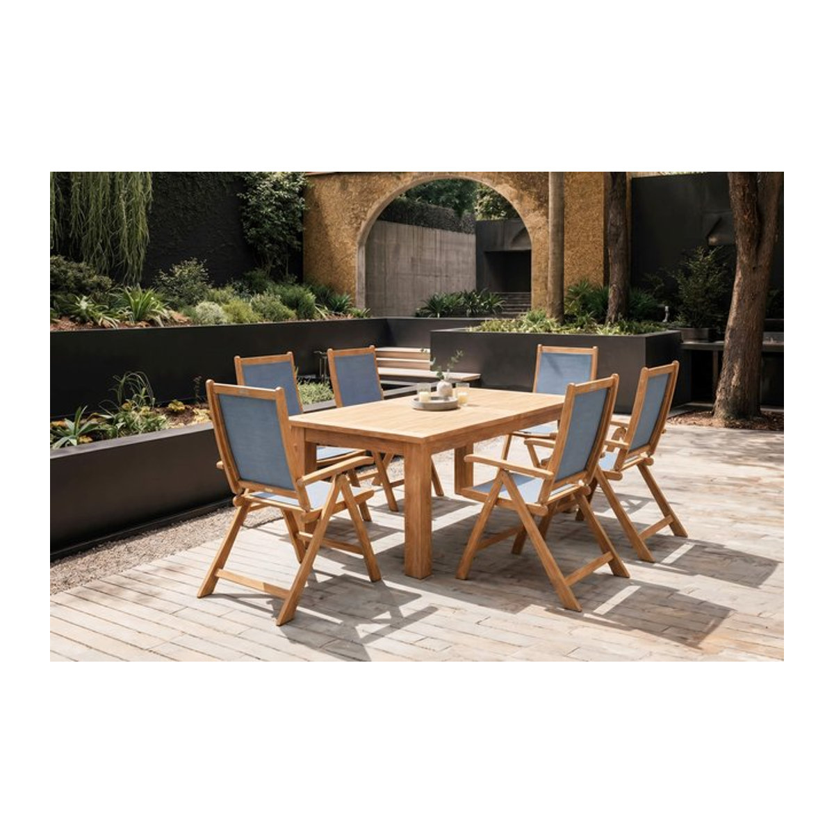 OUTFLEXX Garten-Essgruppe aus Akazie und Textilene in Natur/Grau mit ausziehbarem Tisch und 6 Klappstühlen - Bild 1