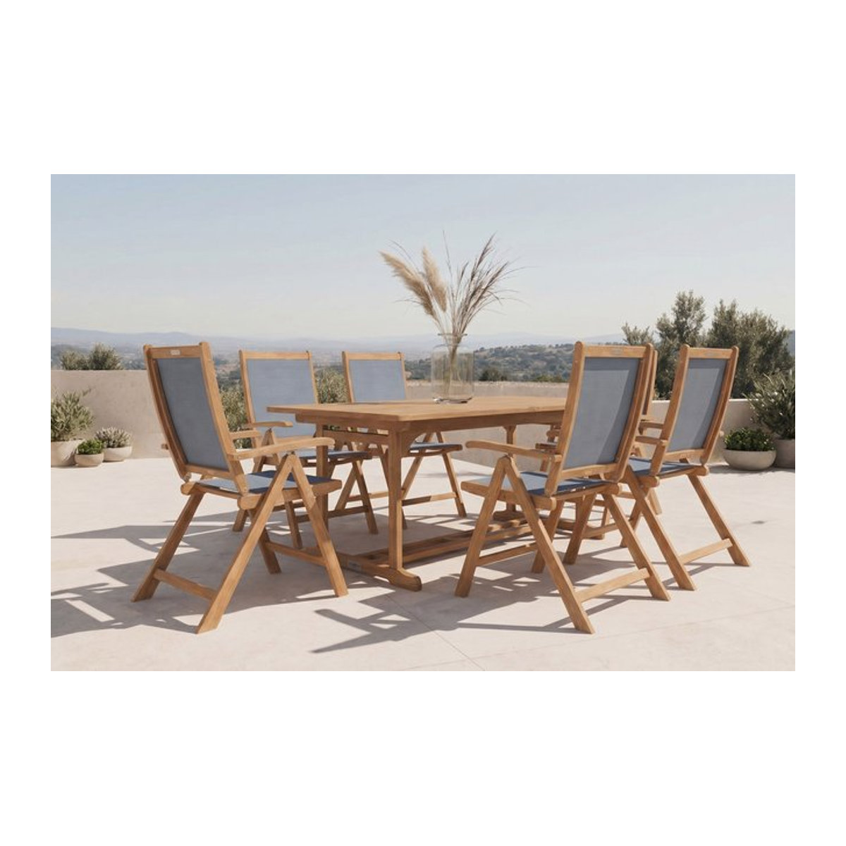 OUTFLEXX Garten-Essgruppe aus Akazie und Textilene in Natur/Grau mit Ausziehtisch und 6 Klappstühlen - Bild 1