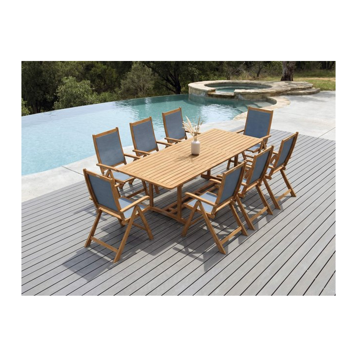 OUTFLEXX Garten-Essgruppe aus Akazie und Textilene in Natur/Grau mit Ausziehtisch und 8 Klappstühlen - Bild 1