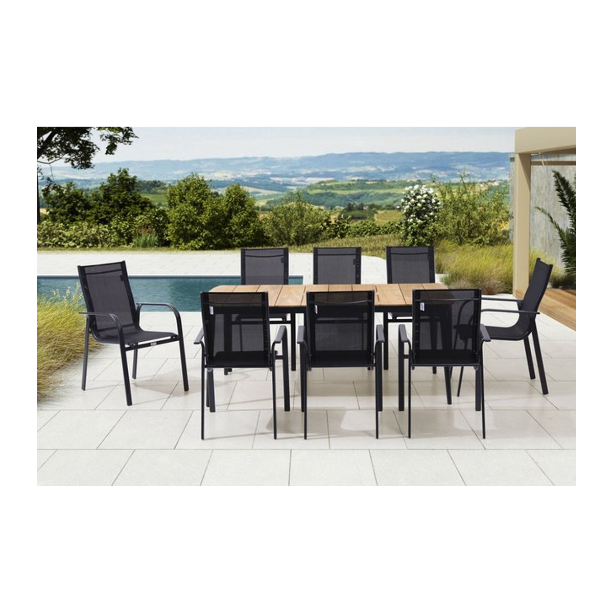 OUTFLEXX Garten-Essgruppe aus Alu, Teak und Textil in Anthrazit Matt mit 8 Stapelstühlen, B: 184 cm, T: 100 cm - Bild 1