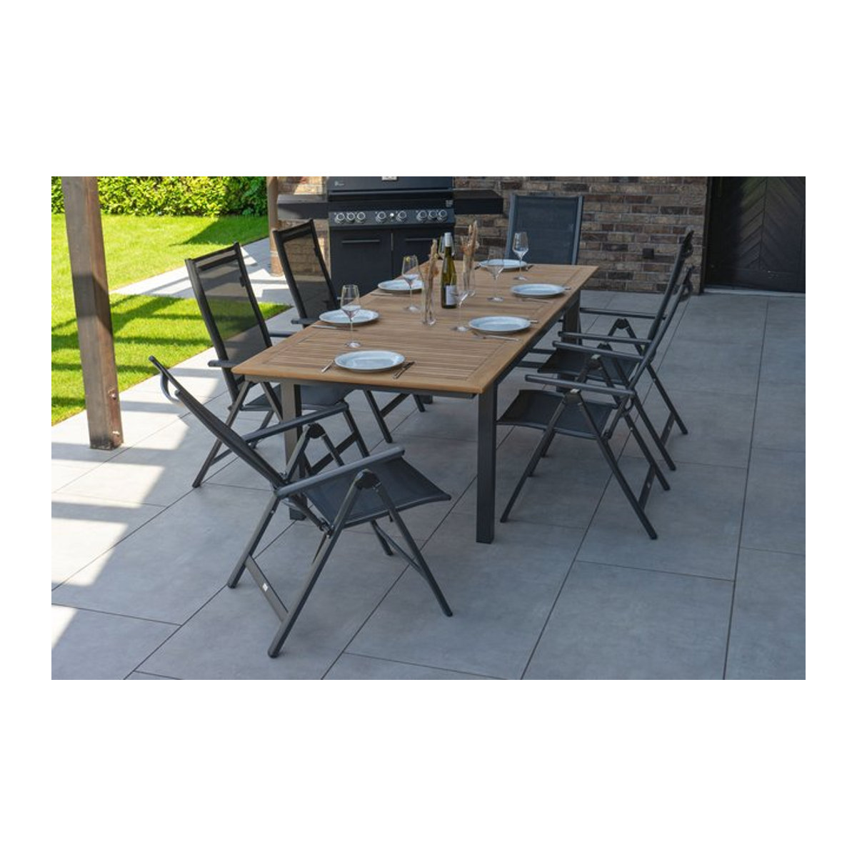 OUTFLEXX Garten-Essgruppe aus Alu, Teak und Textil in Anthrazit Matt mit Ausziehtisch und 6 Klappstühlen, B/T/H: 240 x 100 x 77,5 cm - Bild 1
