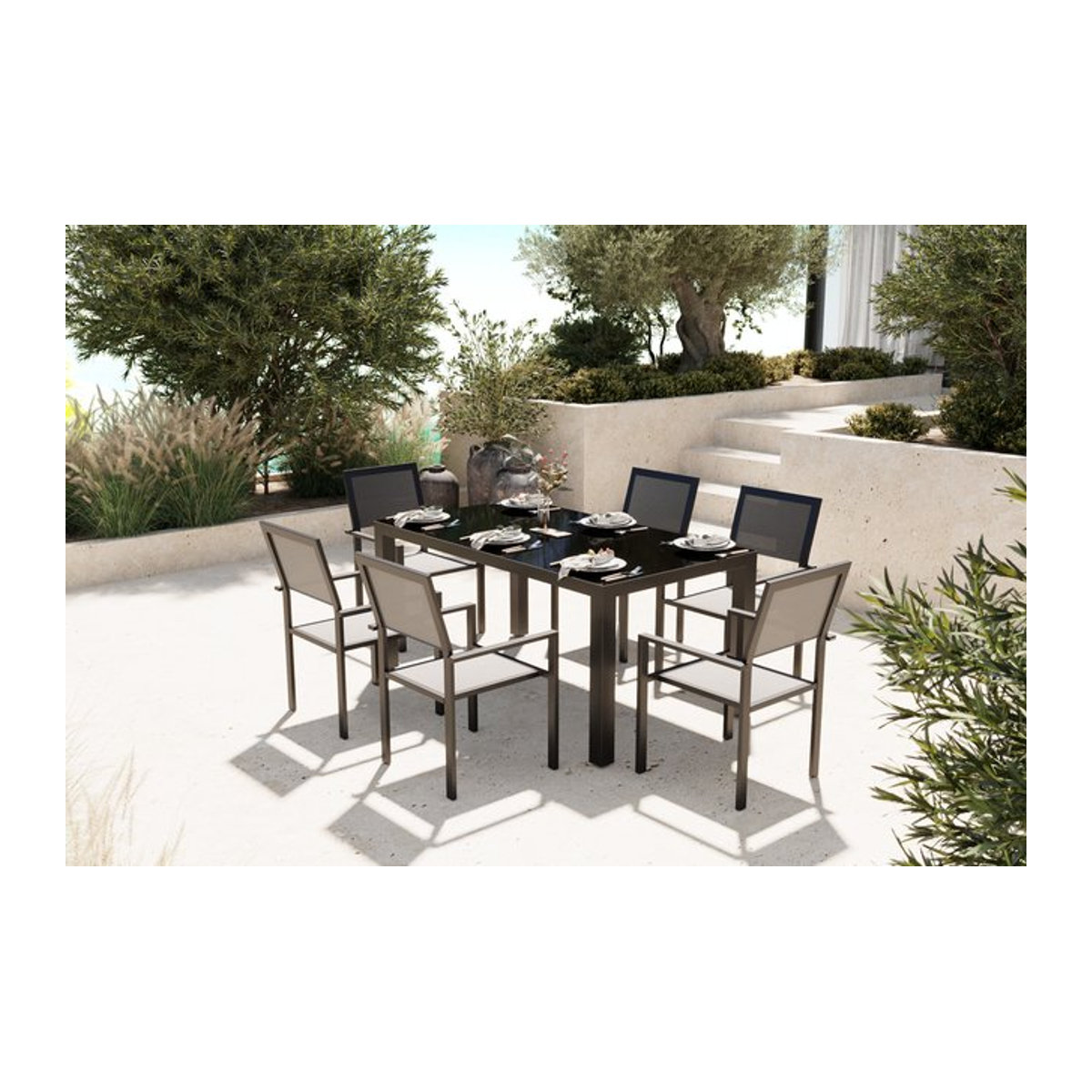 OUTFLEXX Garten-Essgruppe aus Aluminium, Glas und Textilene in Schwarz, modernes Gartenmöbel-Set für 6 Personen - Bild 1