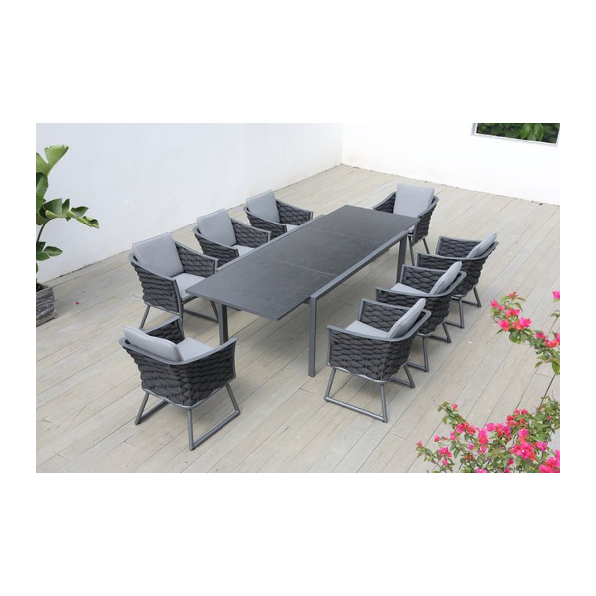 OUTFLEXX Garten-Essgruppe aus Aluminium in Anthrazit mit Ausziehtisch und 8 Sesseln - Bild 1