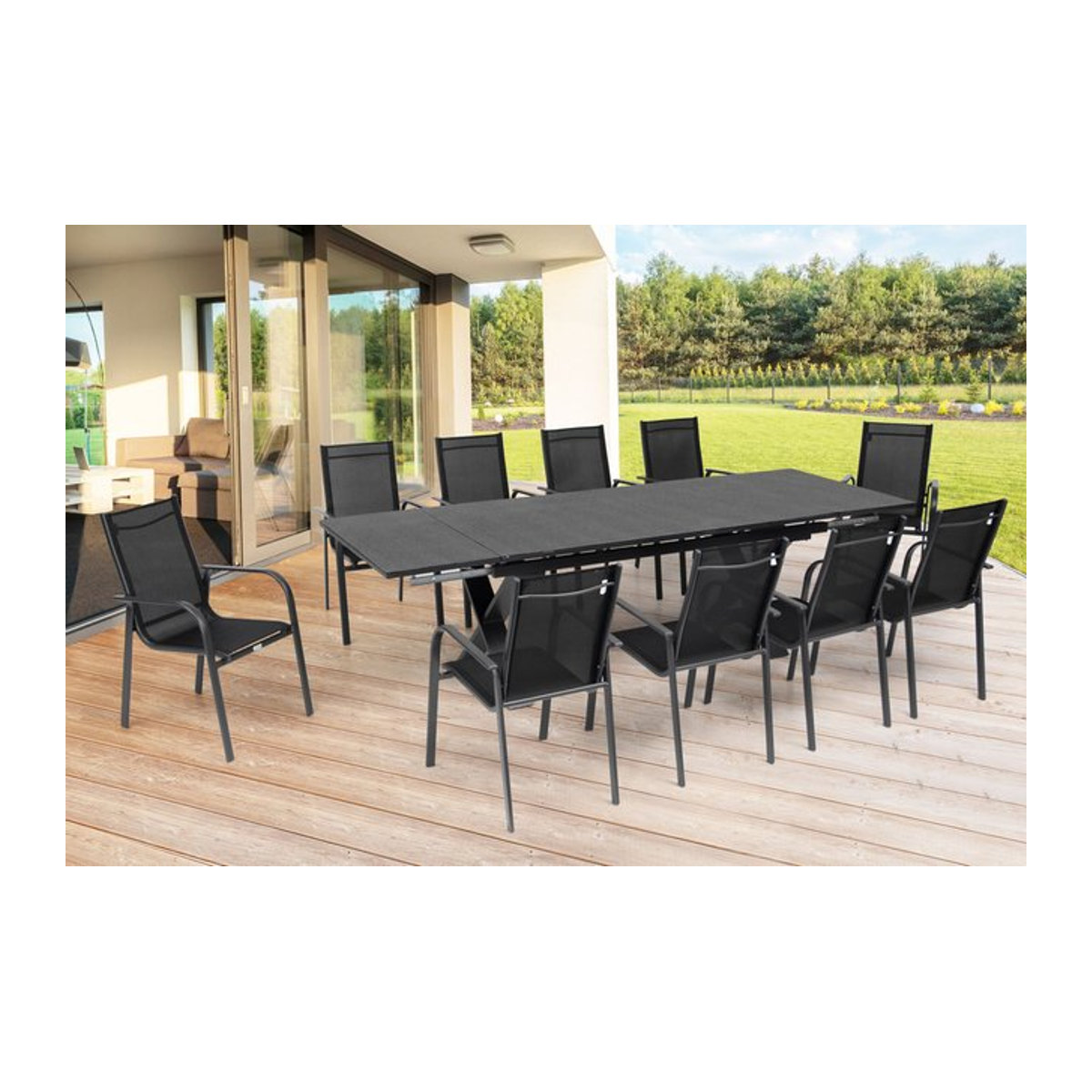 OUTFLEXX Garten-Essgruppe aus Aluminium und Glas in Anthrazit mit 10 Sesseln und Tisch, B/T/H: 280 x 100 x 78 cm - Bild 1