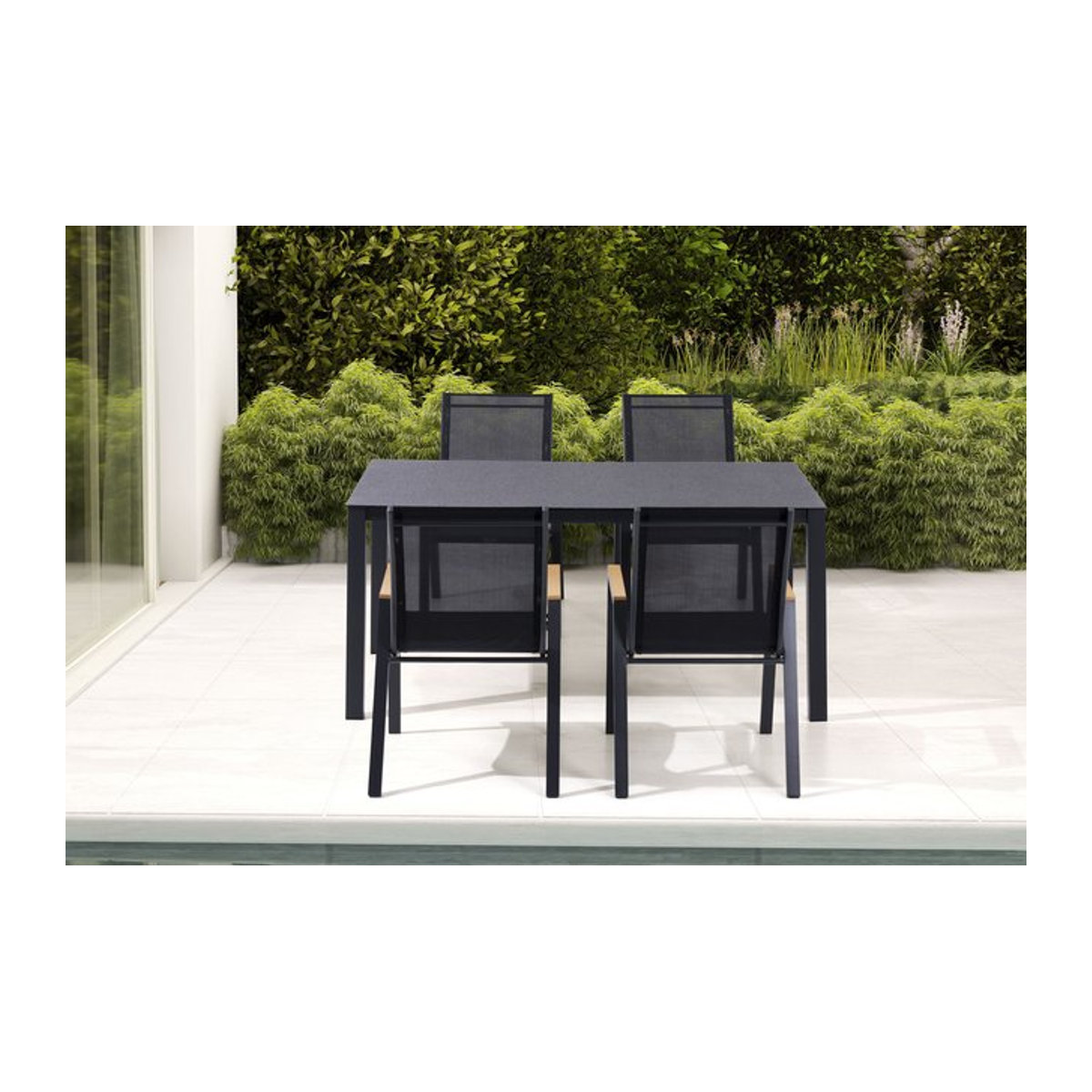 OUTFLEXX Garten-Essgruppe aus Aluminium und Spraystone in Anthrazit und Schwarz mit 4 Stapelstühlen, B: 160 cm, T: 95 cm - Bild 1