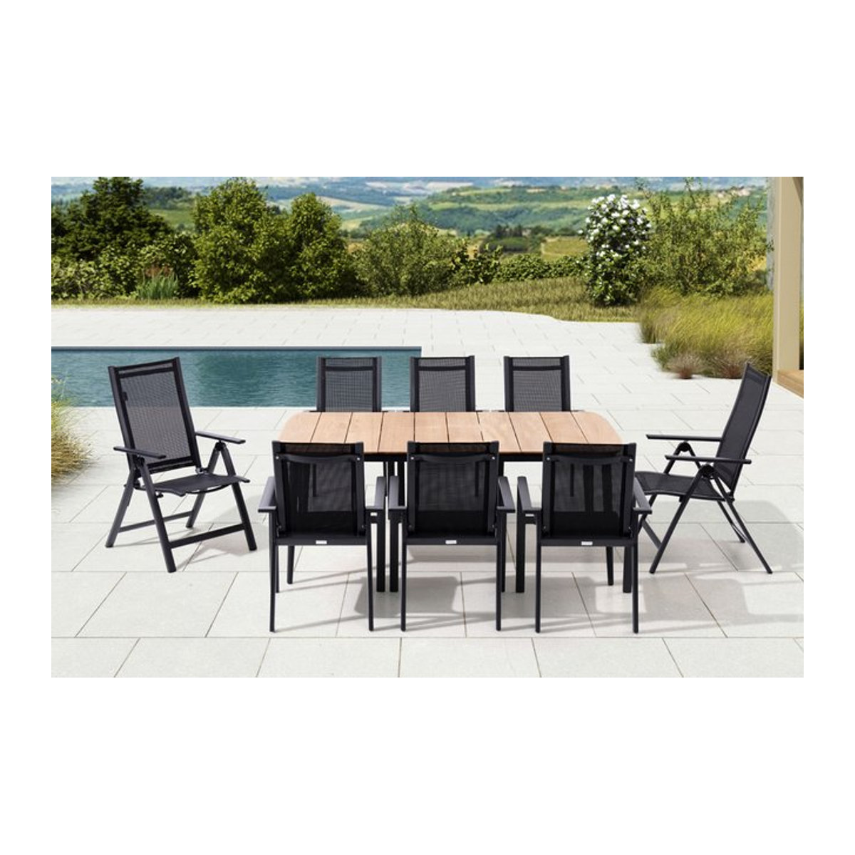 OUTFLEXX Garten-Essgruppe aus Aluminium und Teak in Anthrazit mit 6 Stapelsesseln und 2 Klappstühlen, Breite: 185 cm - Bild 1