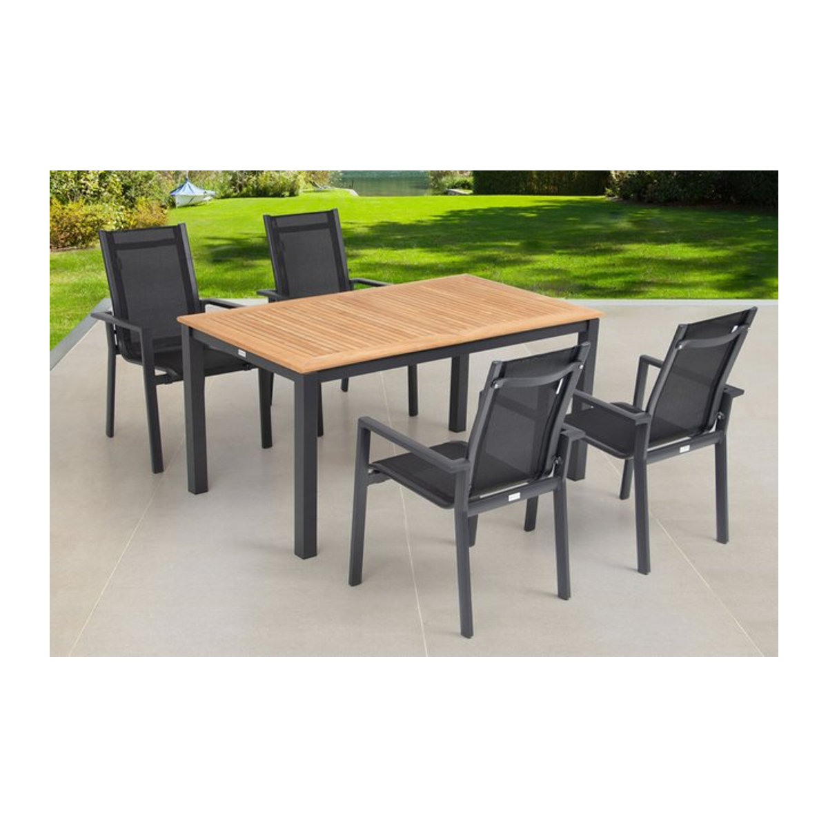 OUTFLEXX Garten-Essgruppe aus Aluminium und Teak in Anthrazit mit Ausziehtisch und 4 Stapelsesseln, B/T/H: 210 x 90 x 74,5 cm - Bild 1