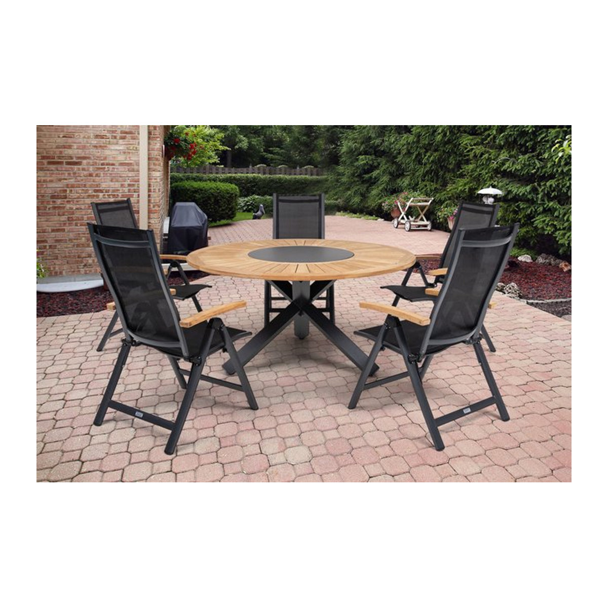 OUTFLEXX Garten-Essgruppe aus Aluminium und Teak in Anthrazit mit Esstisch Ø 150 cm und 6 Klappstühlen - Bild 1