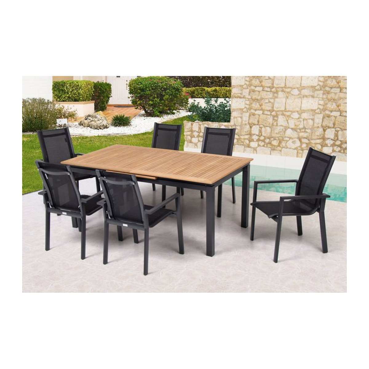 OUTFLEXX Garten-Essgruppe aus Aluminium und Teak mit 6 Stapelsesseln in Anthrazit Matt, Ausziehtisch B: 180 bis 240 cm, T: 100 cm - Bild 1
