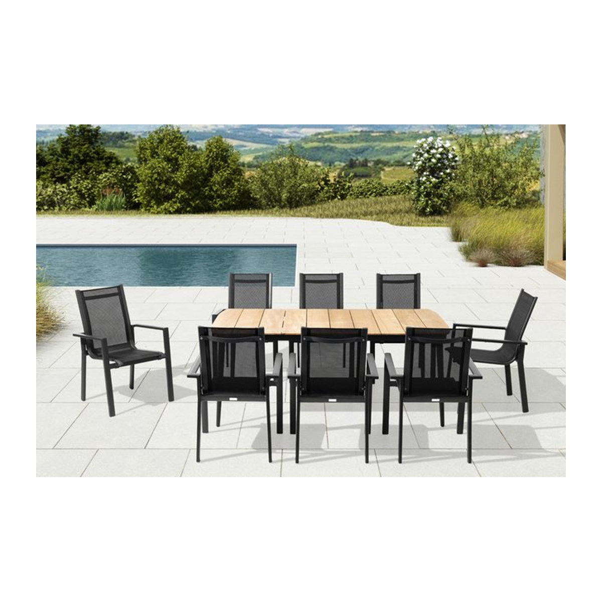 OUTFLEXX Garten-Essgruppe aus Aluminium und Teak mit 8 Stapelsesseln in Anthrazit und Natur, Breite: 184 cm - Bild 1