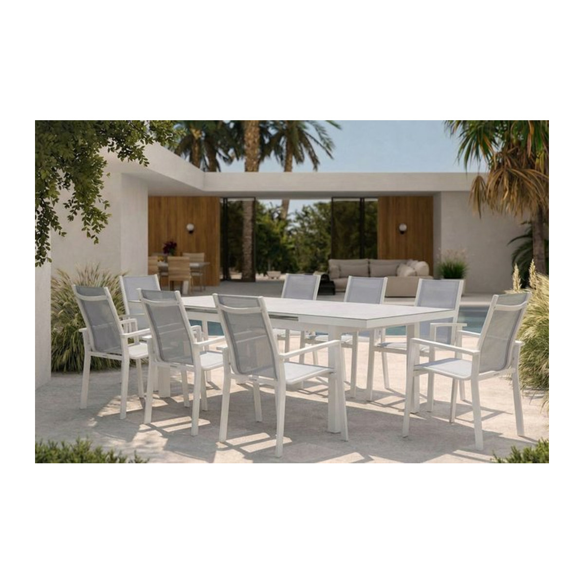 OUTFLEXX Garten-Essgruppe aus Aluminium und Textilene in Creme/Weiß mit Ausziehtisch und 8 Stapelsesseln - Bild 1