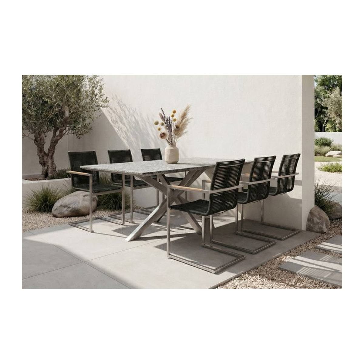 OUTFLEXX Garten-Essgruppe aus Edelstahl, Granit und Teak mit 6 Freischwingern, Silber/Schwarz/Anthrazit/Grau, B/T: 200 x 100 cm - Bild 1