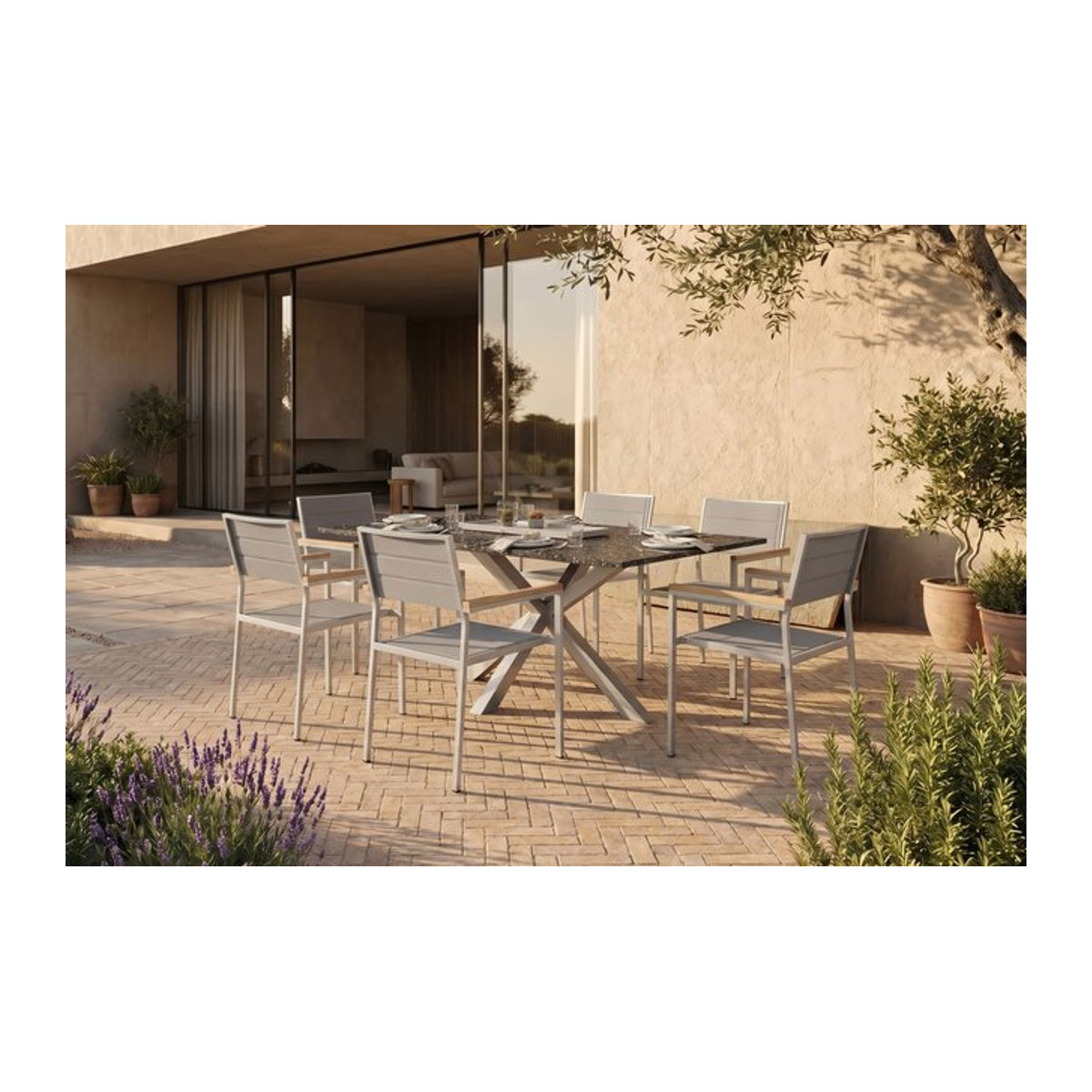 OUTFLEXX Garten-Essgruppe aus Edelstahl, Granit und Teak mit 6 gepolsterten Stühlen in Silber, Anthrazit und Grau, B: 200 cm, T: 100 cm, H: 86 cm - Bild 1