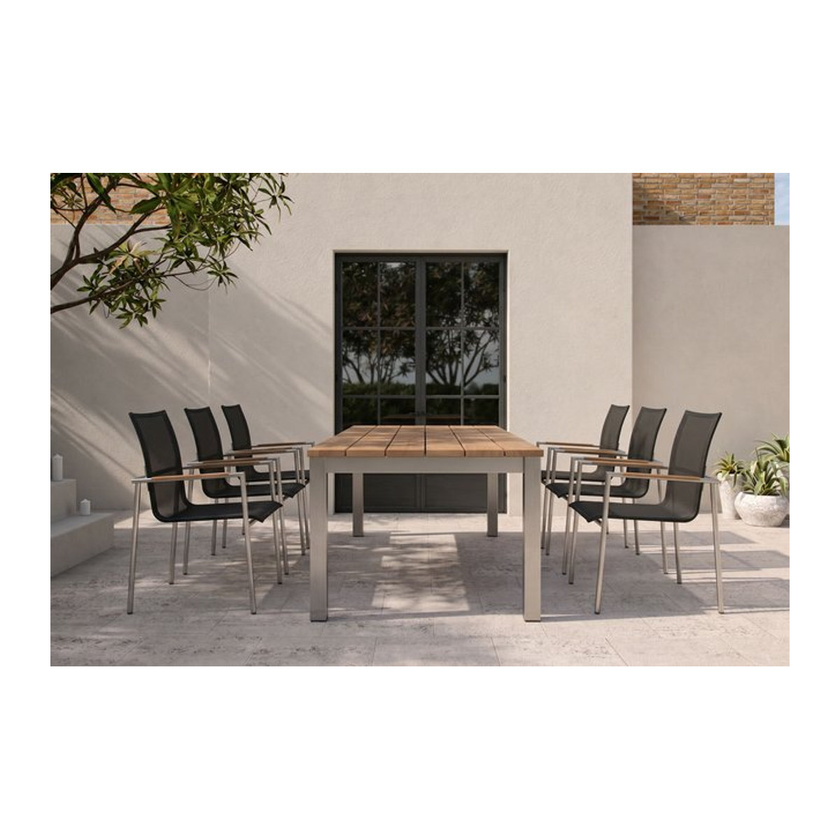OUTFLEXX Garten-Essgruppe aus Edelstahl, Teakholz und Textilene in Natur und Anthrazit mit Ausziehtisch und 6 Diningsesseln - Bild 1