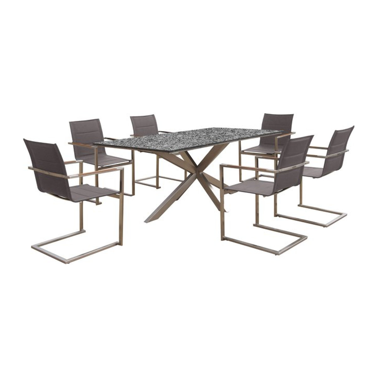 OUTFLEXX Garten-Essgruppe aus Edelstahl und Granit mit 6 gepolsterten Freischwinger-Stühlen in Silber und Taupe, B/T: 200 x 100 cm - Bild 1