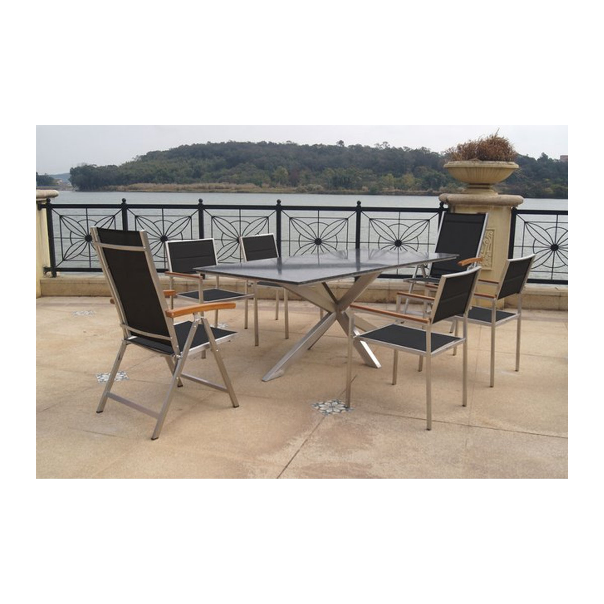 OUTFLEXX Garten-Essgruppe aus Edelstahl und Granit mit 6 Stühlen in Silber und Schwarz, B/T: 200 x 100 cm - Bild 1