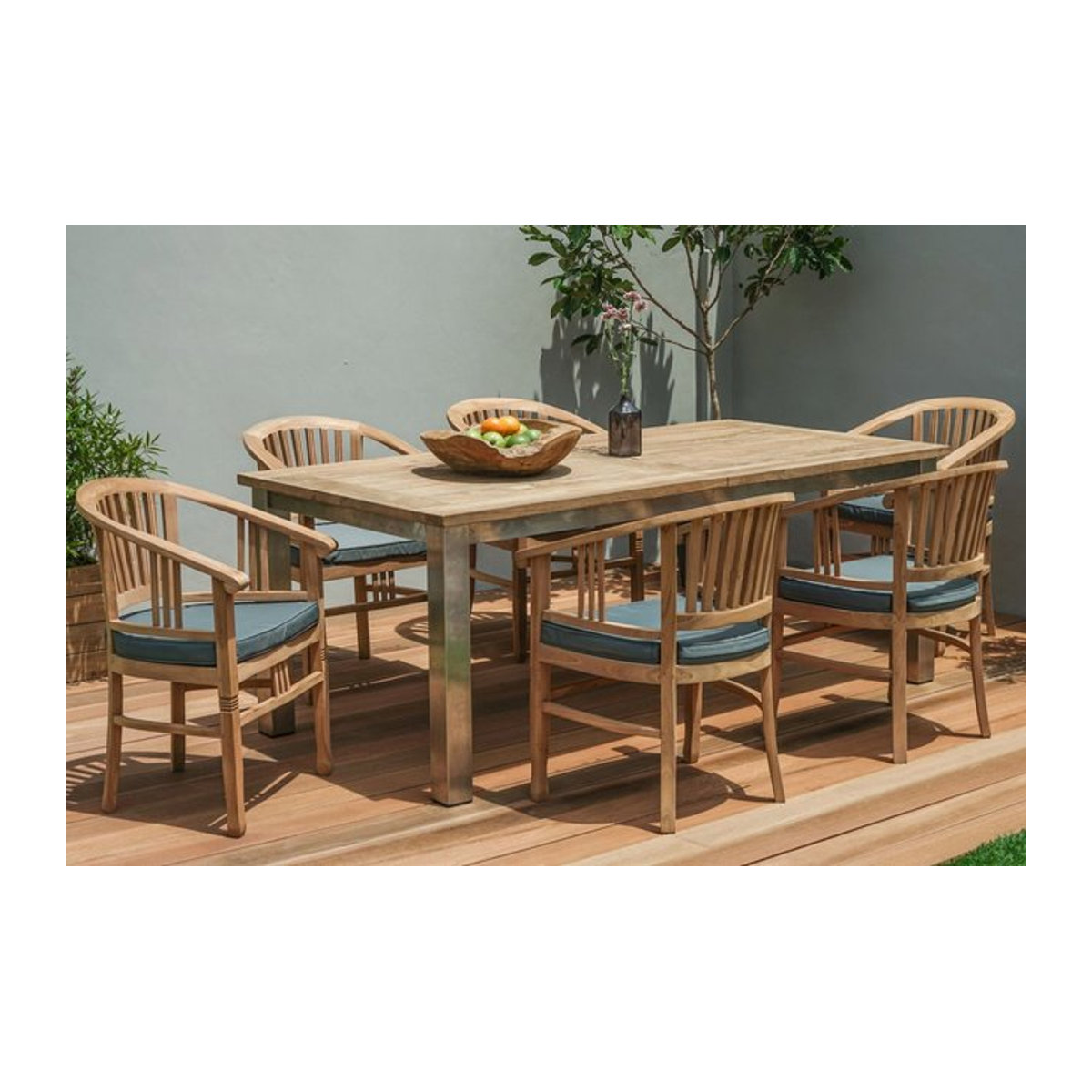 OUTFLEXX Garten-Essgruppe aus Edelstahl und recyceltem Teak in Grau und Braun mit 6 Armlehnensesseln und Polstern, B/T: 260 x 100 cm oder 200 x 100 cm - Bild 1
