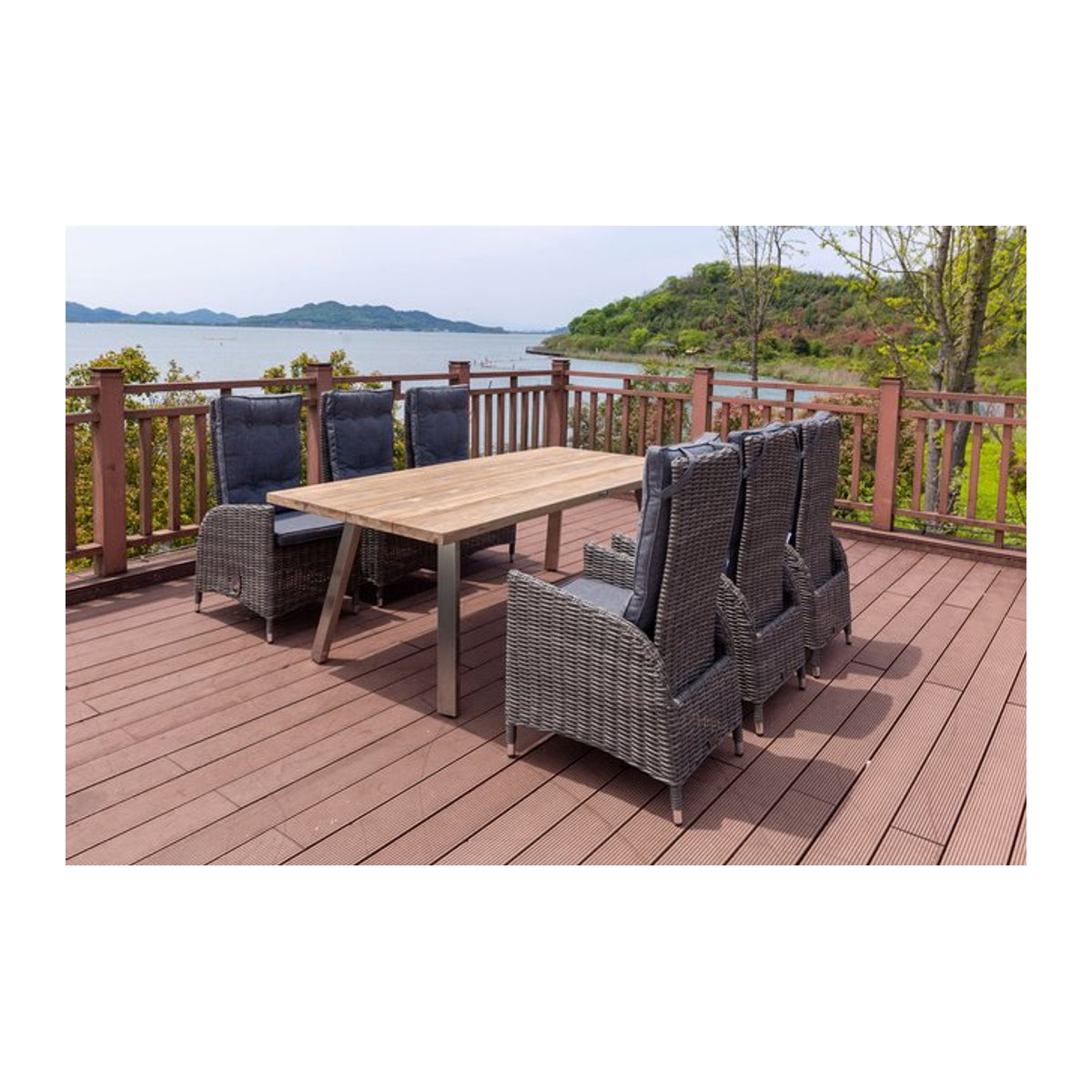 OUTFLEXX Garten-Essgruppe aus Edelstahl und recyceltem Teak in Grau und Braun mit Tisch B: 220 cm, T: 100 cm und 6 Hochlehner-Diningsesseln - Bild 1