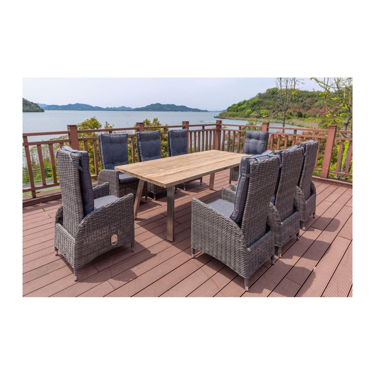 OUTFLEXX Garten-Essgruppe aus Edelstahl und recyceltem Teak in Grau und Braun mit Tisch und 8 Hochlehner-Diningsesseln, Tisch B: 220 cm, T: 100 cm - Bild 1