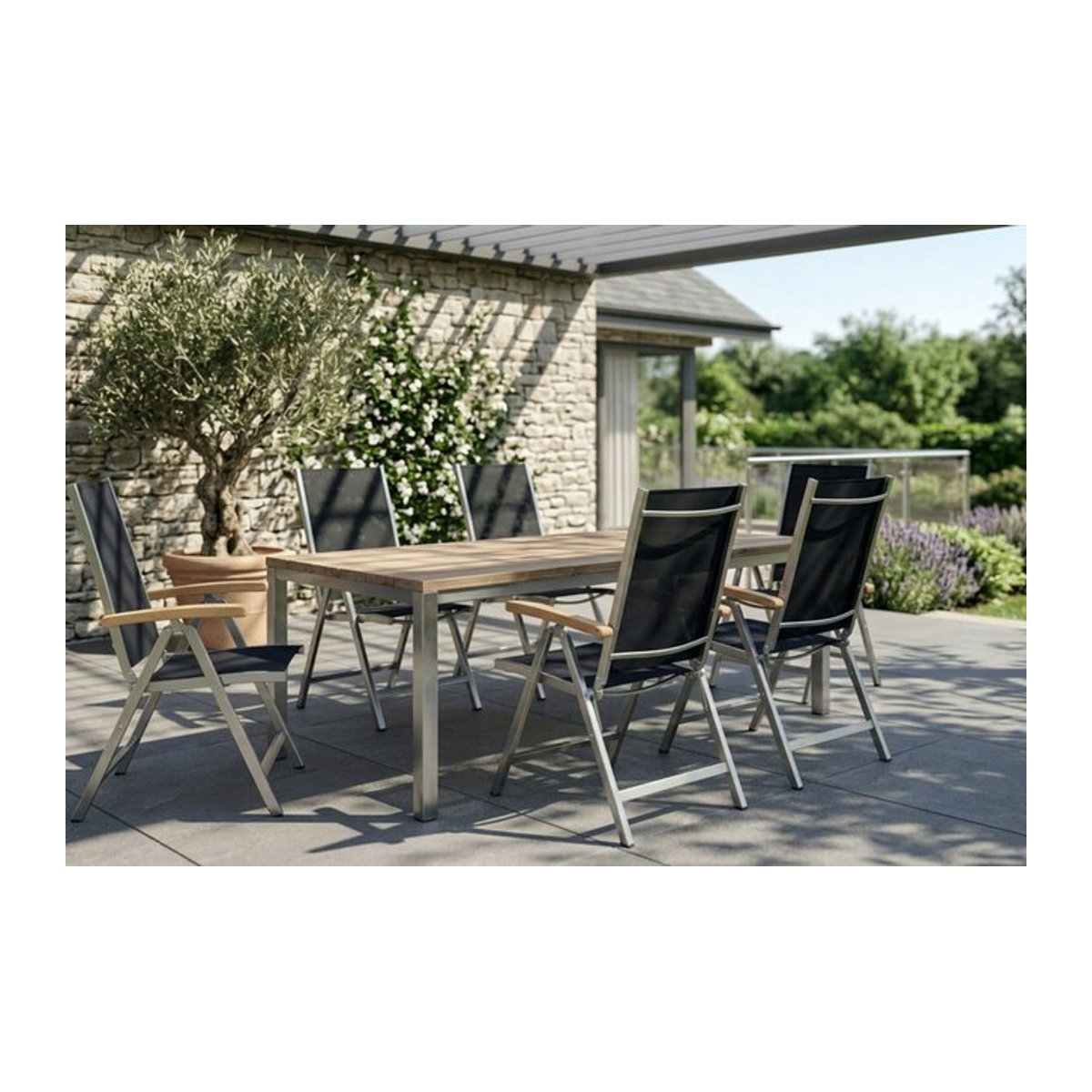 OUTFLEXX Garten-Essgruppe aus Edelstahl und recyceltem Teak in Schwarz mit Tisch und 6 Klappstühlen, Tisch Breite: 180 cm, Tiefe: 90 cm - Bild 1