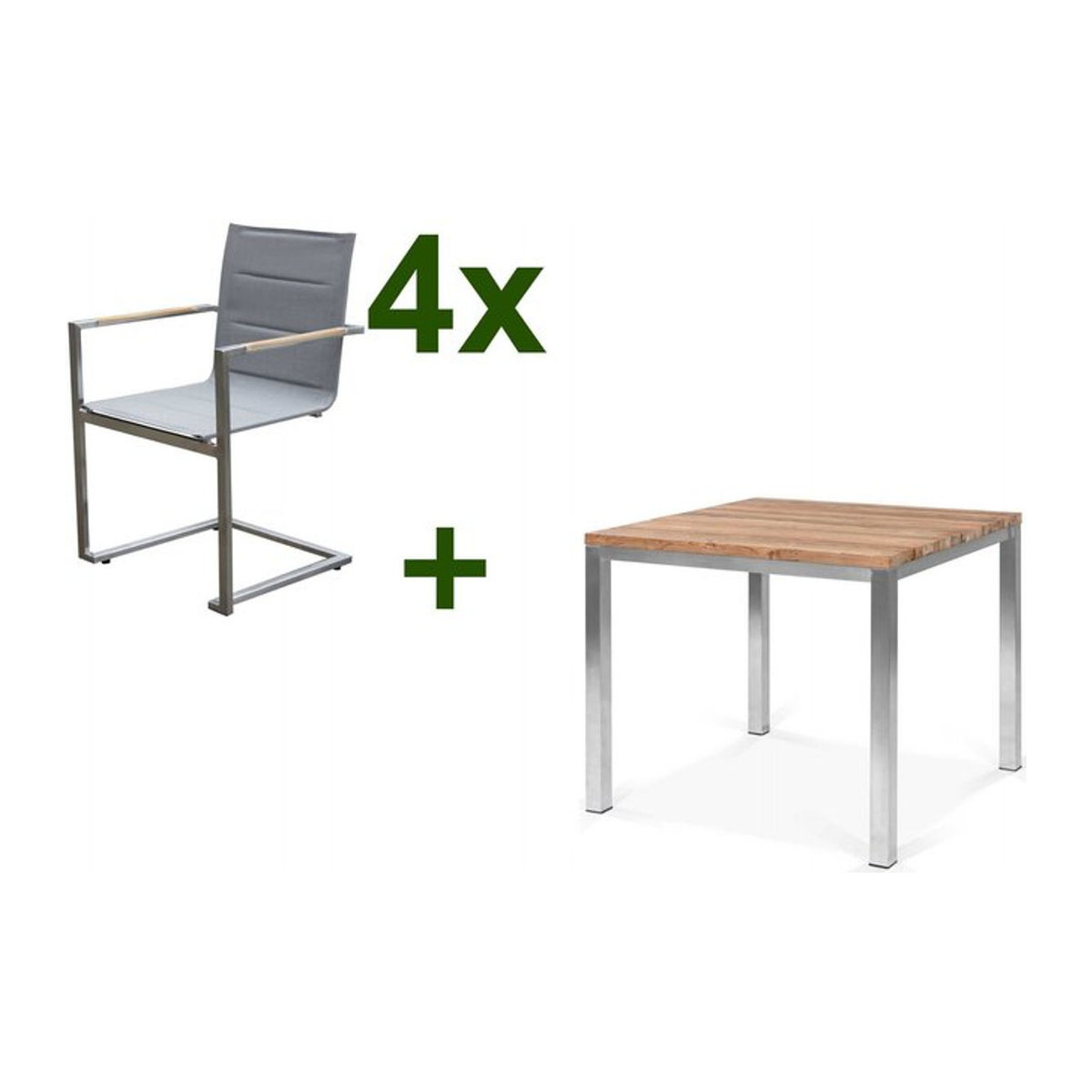 OUTFLEXX Garten-Essgruppe aus Edelstahl und recyceltem Teak in Taupe Meliert mit 4 gepolsterten Freischwingern, Tisch B: 90 cm x T: 90 cm - Bild 1