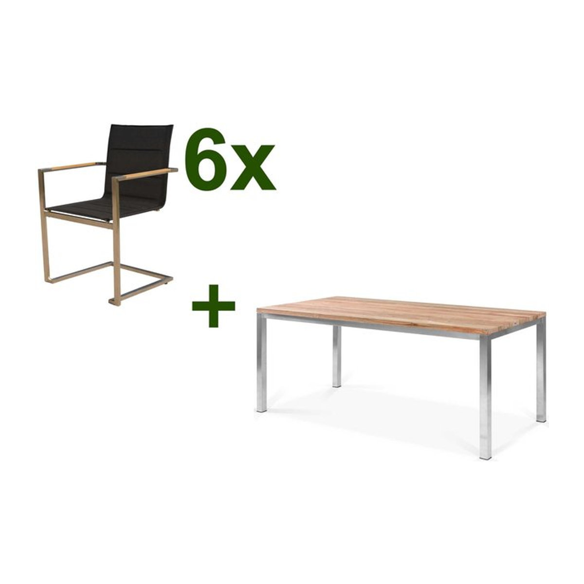 OUTFLEXX Garten-Essgruppe aus Edelstahl und recyceltem Teak mit 6 gepolsterten Freischwingern in Schwarz, Tisch Breite: 180 cm, Tiefe: 90 cm - Bild 1