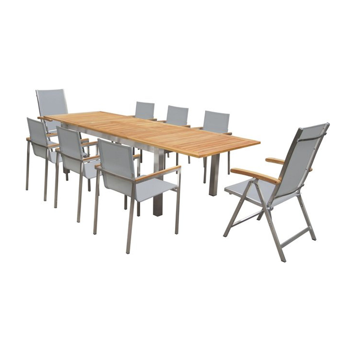 OUTFLEXX Garten-Essgruppe aus Edelstahl und Teak in Silber mit Ausziehtisch, 6 Stapelstühlen und 2 Klappstühlen - Bild 1