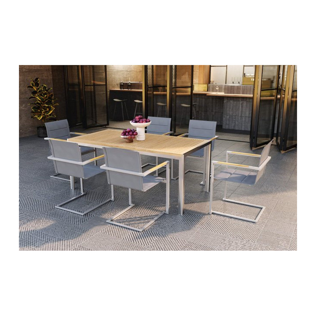 OUTFLEXX Garten-Essgruppe aus Edelstahl und Teak in Taupe mit 6 gepolsterten Freischwinger-Stühlen - Bild 1