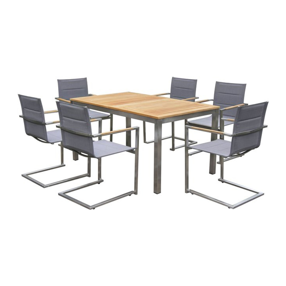 OUTFLEXX Garten-Essgruppe aus Edelstahl und Teak in Taupe mit Tisch und 6 gepolsterten Stapelstühlen - Bild 1