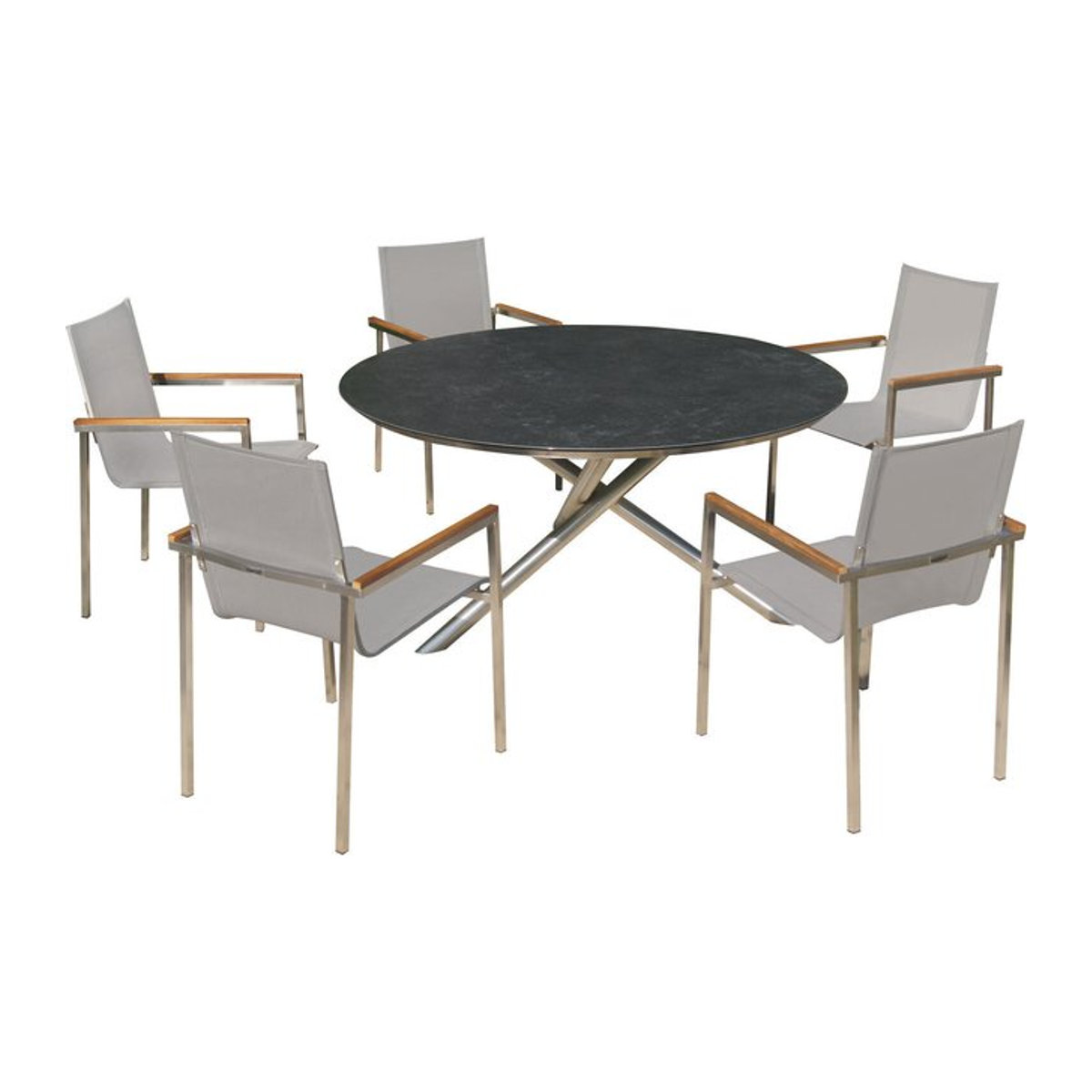 OUTFLEXX Garten-Essgruppe aus Edelstahl und Teak mit Tisch Ø 150 cm und 5 Stapelsesseln in Silber und Taupe - Bild 1