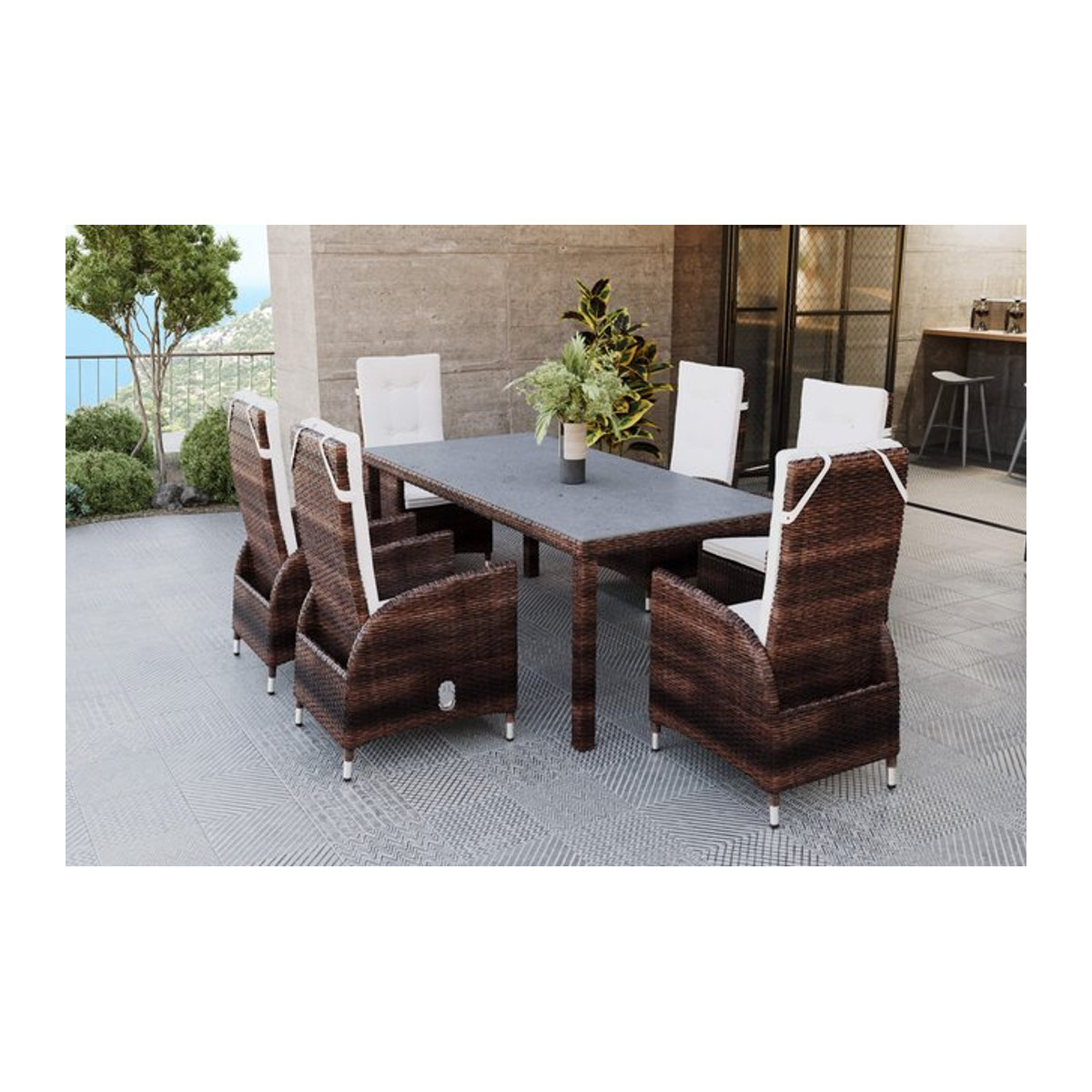 OUTFLEXX Garten-Essgruppe aus Polyrattan in Braun Marmoriert mit Tisch und 6 verstellbaren Dining Sesseln, Tisch B: 180 cm, T: 100 cm - Bild 1