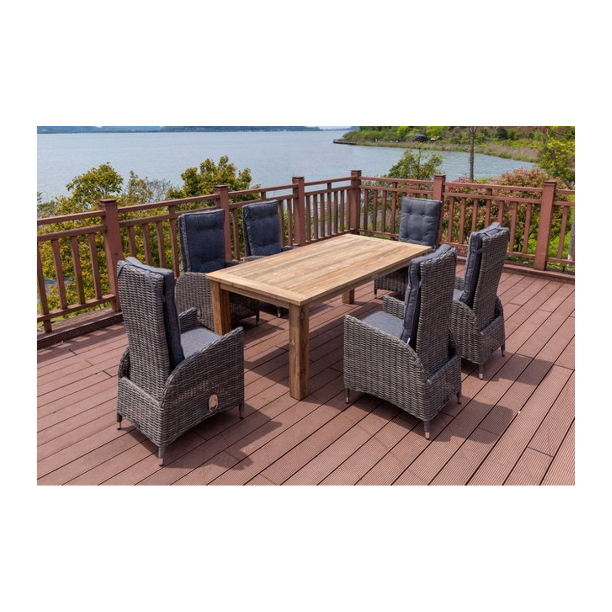 OUTFLEXX Garten-Essgruppe aus Polyrattan und Teakholz in Grau und Braun mit Tisch (Breite: 200 cm, Tiefe: 100 cm) und 6 Hochlehner-Diningsesseln inklusive Polster - Bild 1